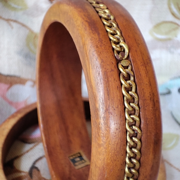 Bohemian Boho Set of 3 Wood Wooden Bangle Bracelets Made in India Chain Accent - Picture 6 of 8